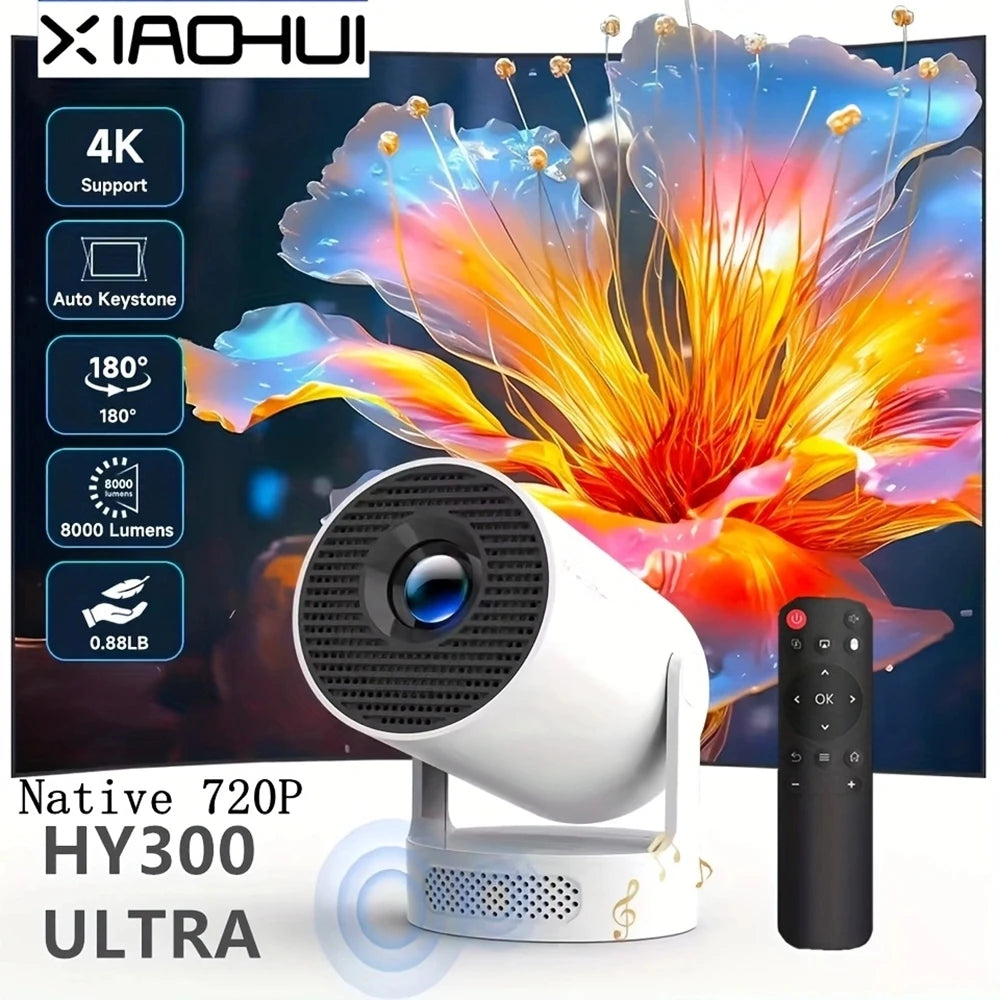 Proyector de alcance corto blanco con lente negra y control remoto inalámbrico.