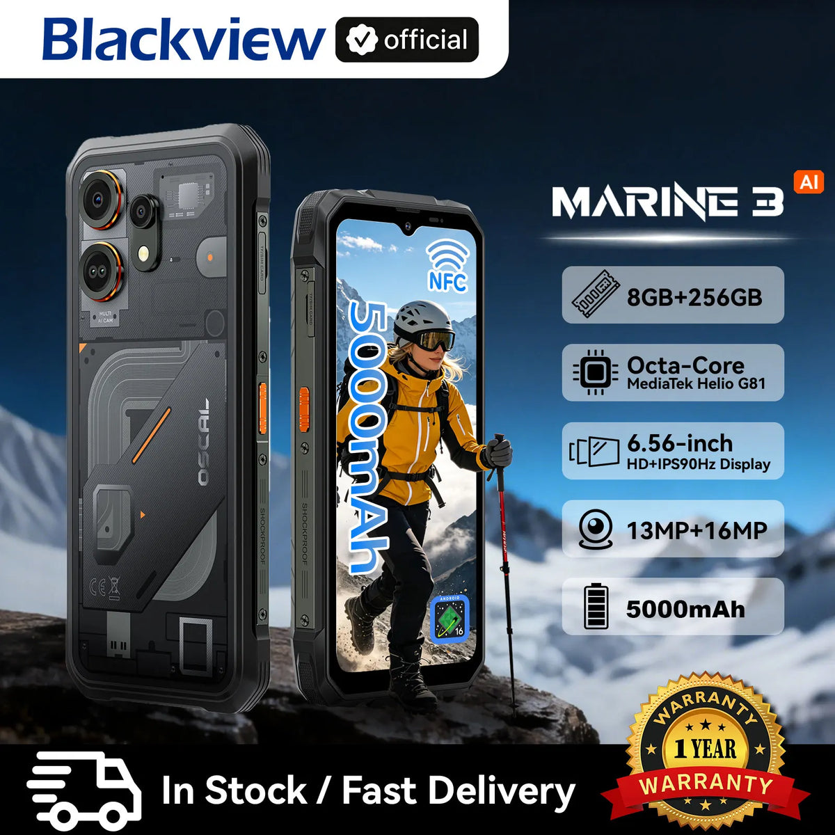 Smartphone Blackview OSCAL MARINE 3, pantalla HD de 6,56" a 90 Hz, Helio G81, cámara de 13 MP + 16 MP, batería de 5000 mAh, teléfono móvil Android 16