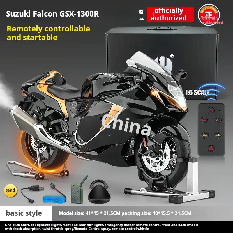 Large 1:6 Suzuki Hayabusa Super Sport Motorcycle Remote Start Alloy Simulation Sprayable Locomotive Pull Back Model Ornament