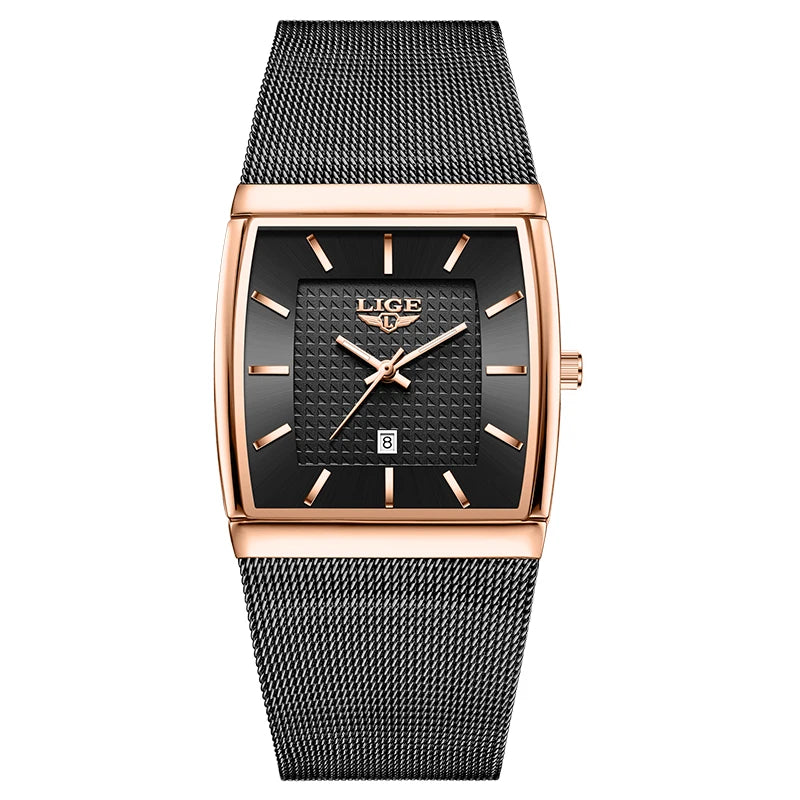Relojes de lujo LIGE 2026 para hombre, moda, negocios, oro rosa, negro, ultrafinos, malla, resistentes al agua, luminosos, relojes de cuarzo para hombre