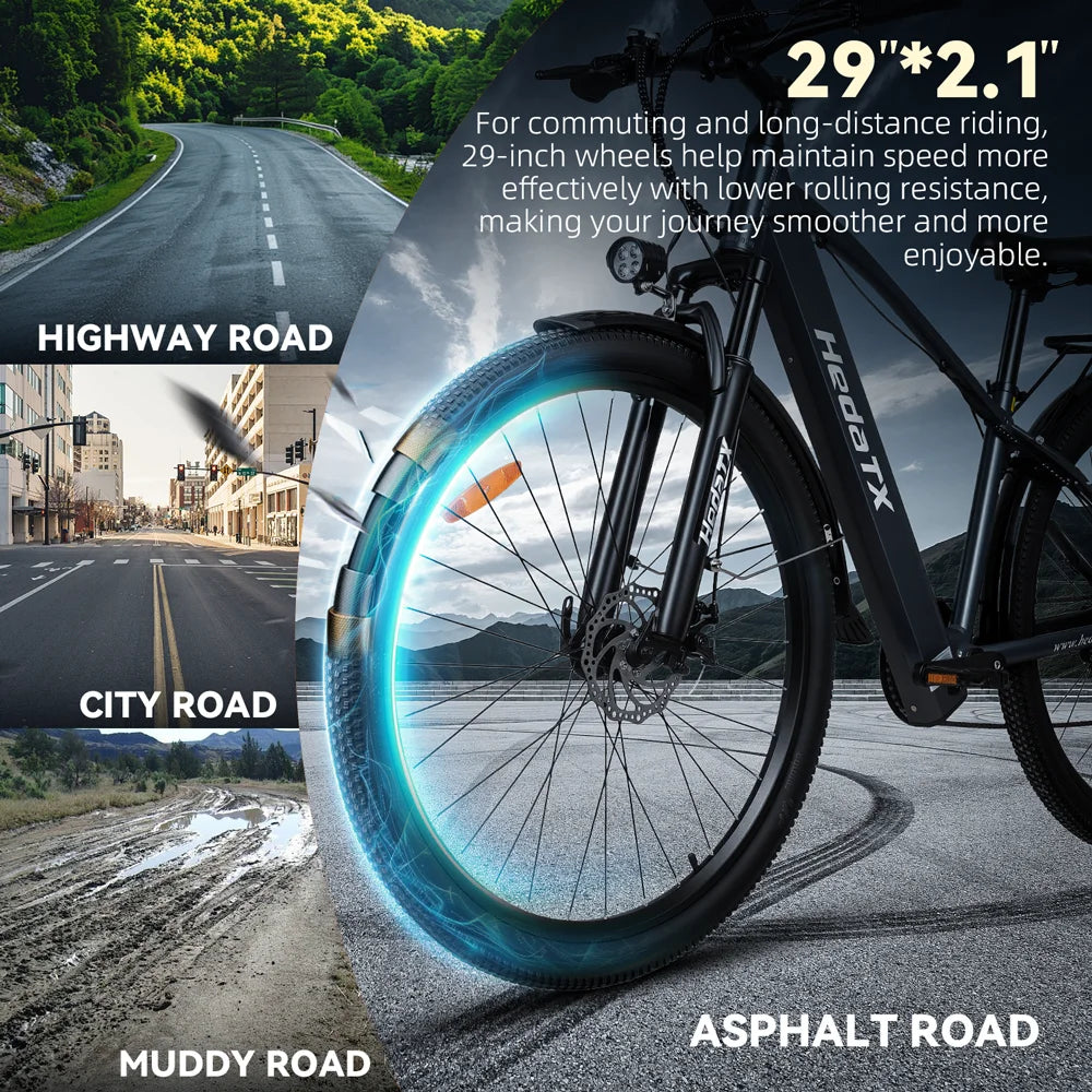 Nueva bicicleta de montaña eléctrica HEDA TX1S+MAX de 29 pulgadas, batería de litio de 48V16Ah, motor trasero, 7 velocidades, amortiguación, pantalla LCD, bicicleta eléctrica urbana