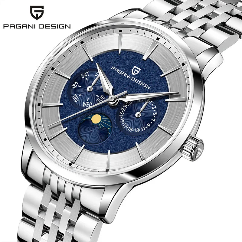 PAGANI DESIGN Brand 1795 Fashion Men Multi Functional Watch Moon Phase Date Stainless Steel Strap Week Sapphire Watches for Man
