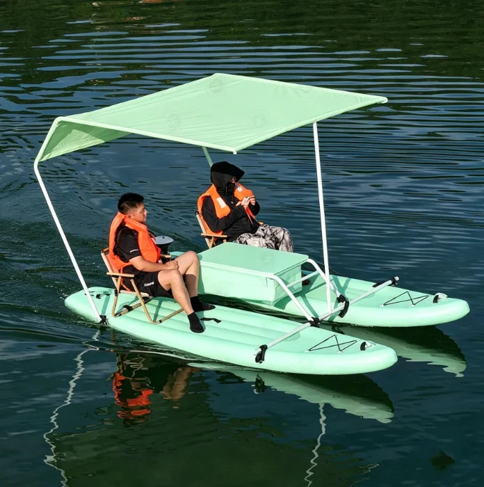 Bote Inflable Personalizable Canopy Cat - Catamarán con Remos y Toldo, Motor Eléctrico Listo para Aventuras Acuáticas