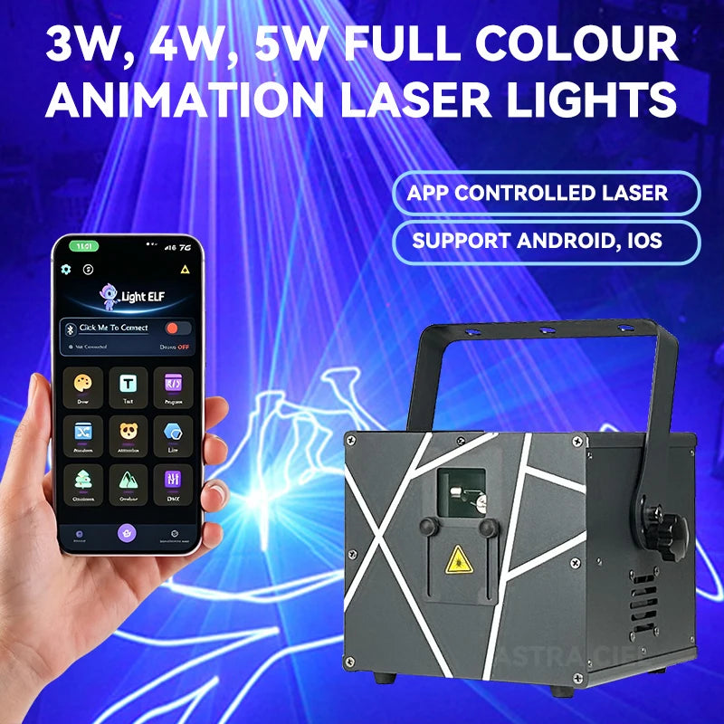 Proyector láser RGB de 5W, 3W, 4W, 6W, control por aplicación móvil Bluetooth, DMX, iluminación de escenario para discoteca, DJ, bar, fiestas, bodas y espectáculos de danza