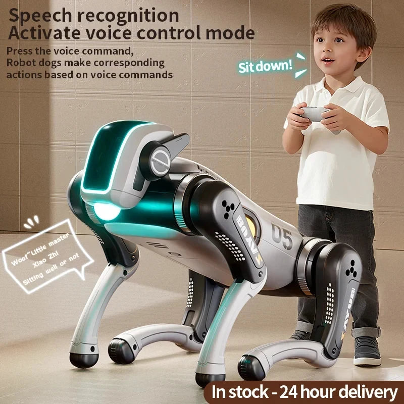 Perro robot biónico blanco con luces verdes y azules; niño sostiene el control remoto