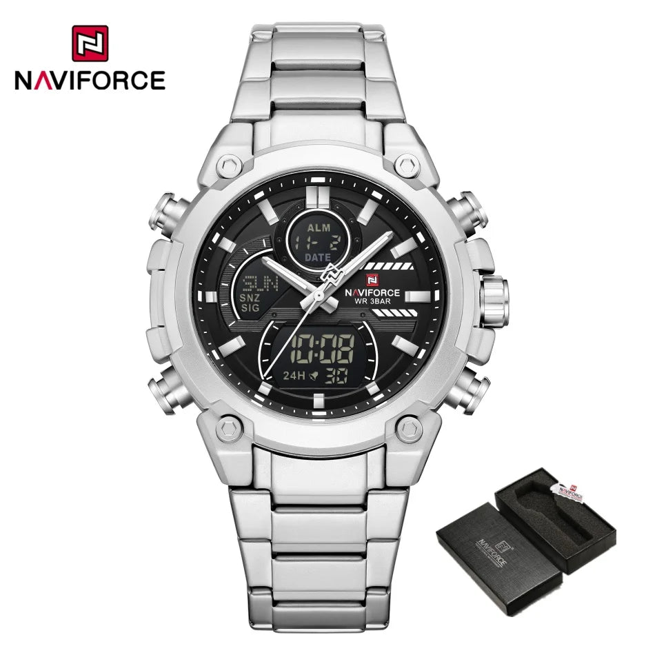 Nuevo reloj para hombre NAVIFORCE, resistente al agua, con cuenta regresiva, deportes, doble pantalla, reloj de pulsera de cuarzo, LCD, luminoso, alarma y reloj digital.