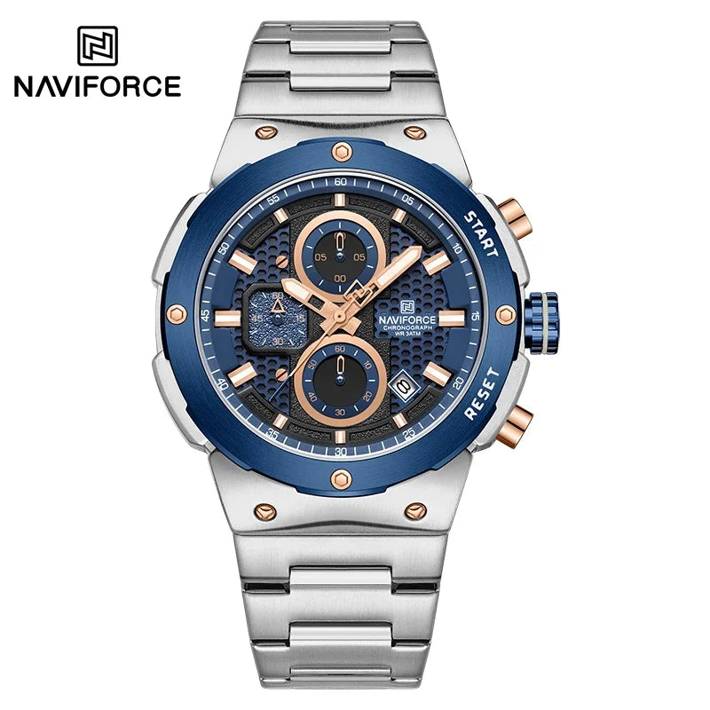 Reloj NAVIFORCE de lujo para hombre, con cronógrafo de cuarzo, luminoso, calendario, resistente al agua, de acero inoxidable, estilo deportivo y militar.