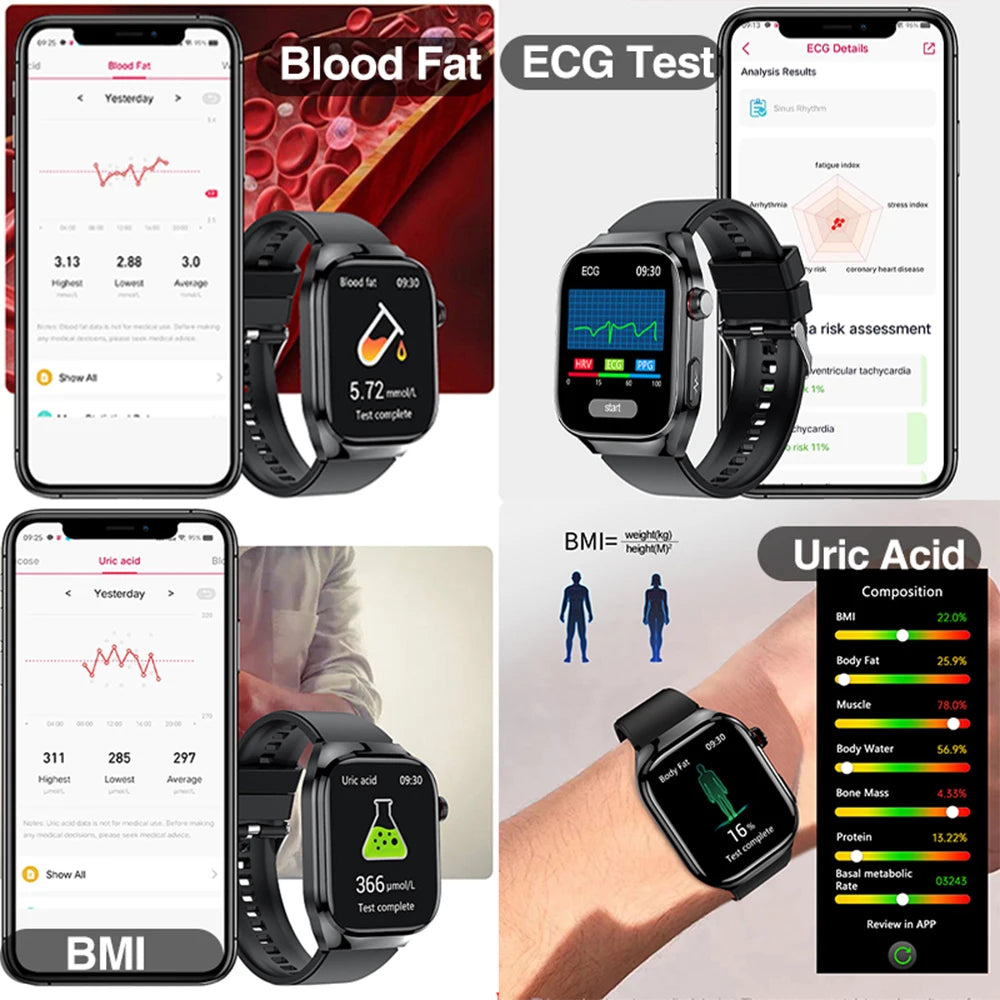 Reloj inteligente para hombre 2026, nuevo modelo con medición de ácido úrico y lípidos en sangre, ECG+PPG, presión arterial, frecuencia cardíaca, llamadas Bluetooth, reloj inteligente de salud