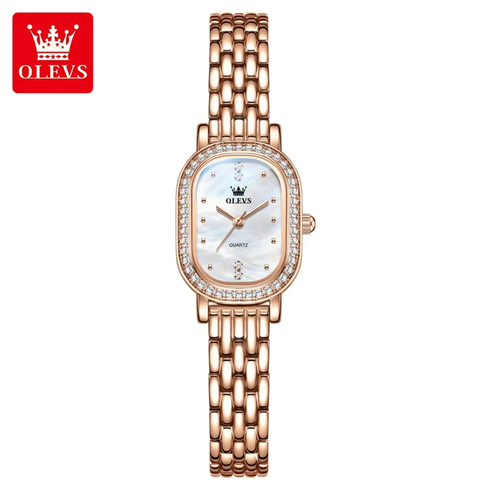 Reloj de pulsera para mujer OLEVS de lujo, diseño ovalado con bisel de cristal, cuarzo delgado, correa de piel y acero, elegante reloj multicolor 5697