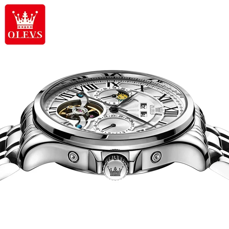 Reloj mecánico de negocios OLEVS 7013 con esfera redonda y correa de acero inoxidable