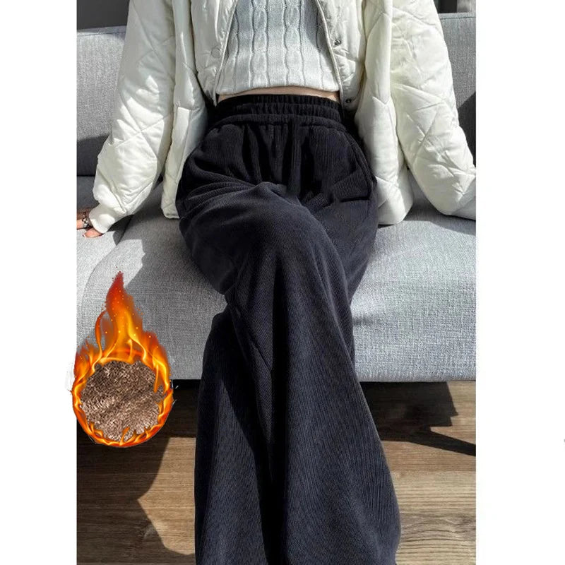 Pantalones de felpa de cintura alta de color liso para mujer, pantalones de lana cálidos para la nieve, pantalones rectos holgados para mujer, invierno 2026
