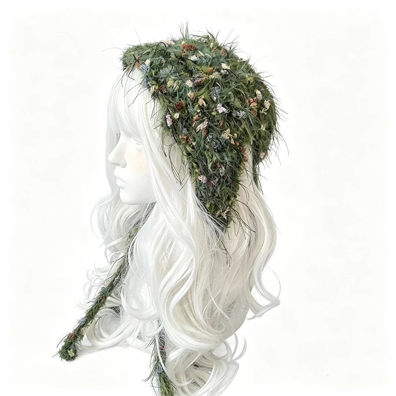 Gorro de Orejas de Zorro Verde Musgo Hecho a Mano Personalizado para Mujer, Gorro de Punto Floral de Felpa, Gorro de Invierno Cálido Estilo Goblincore para Hombre