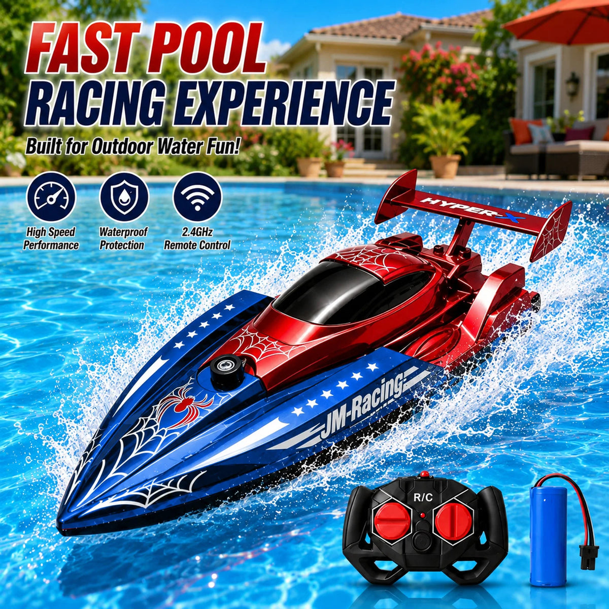 RC Boat for Kids 2.4GHz Remote Control Racing Boat Rechargeable Speed Boat Spider Water Toy for Pool Pond Lake Outdoor Play Gift
