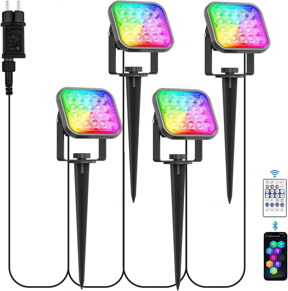 Focos LED para jardín con estaca, protección IP65, cambio de color RGB, control remoto y por aplicación, iluminación para césped, patio y senderos