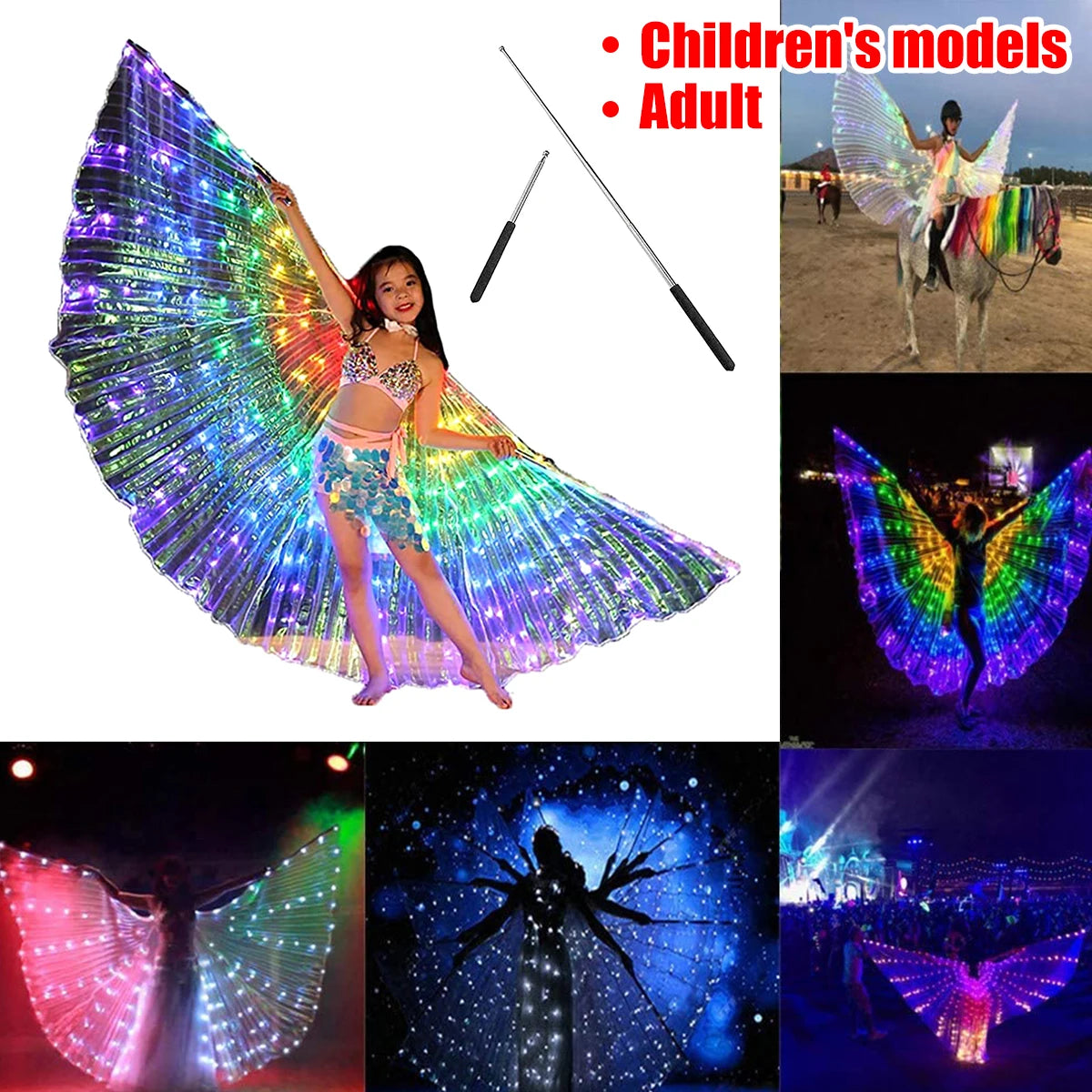 Capa de alas de hadas LED para adultos y niños, bailarines, alas de mariposa luminosas coloridas, actuación de danza del vientre, accesorio para fotografía de fiesta en escenario
