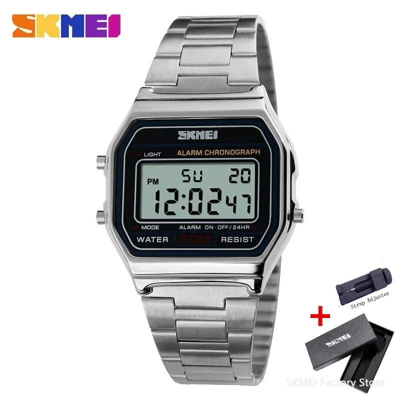 SKMEI 1123 Reloj deportivo digital retro de lujo para hombre, reloj de pulsera de acero inoxidable resistente al agua, reloj de acero 1328 Reloj Hombre
