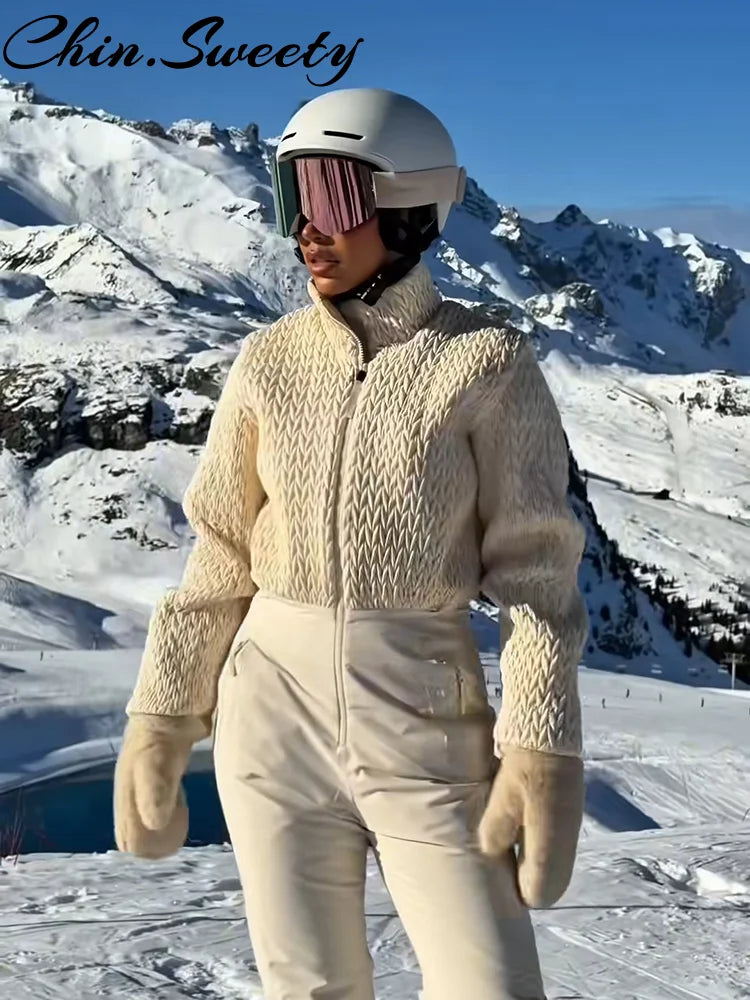 Mono de esquí de invierno 2026 para mujer, mono de moda de manga larga con cuello alto y cremalleras, mono plisado de calle para mujer