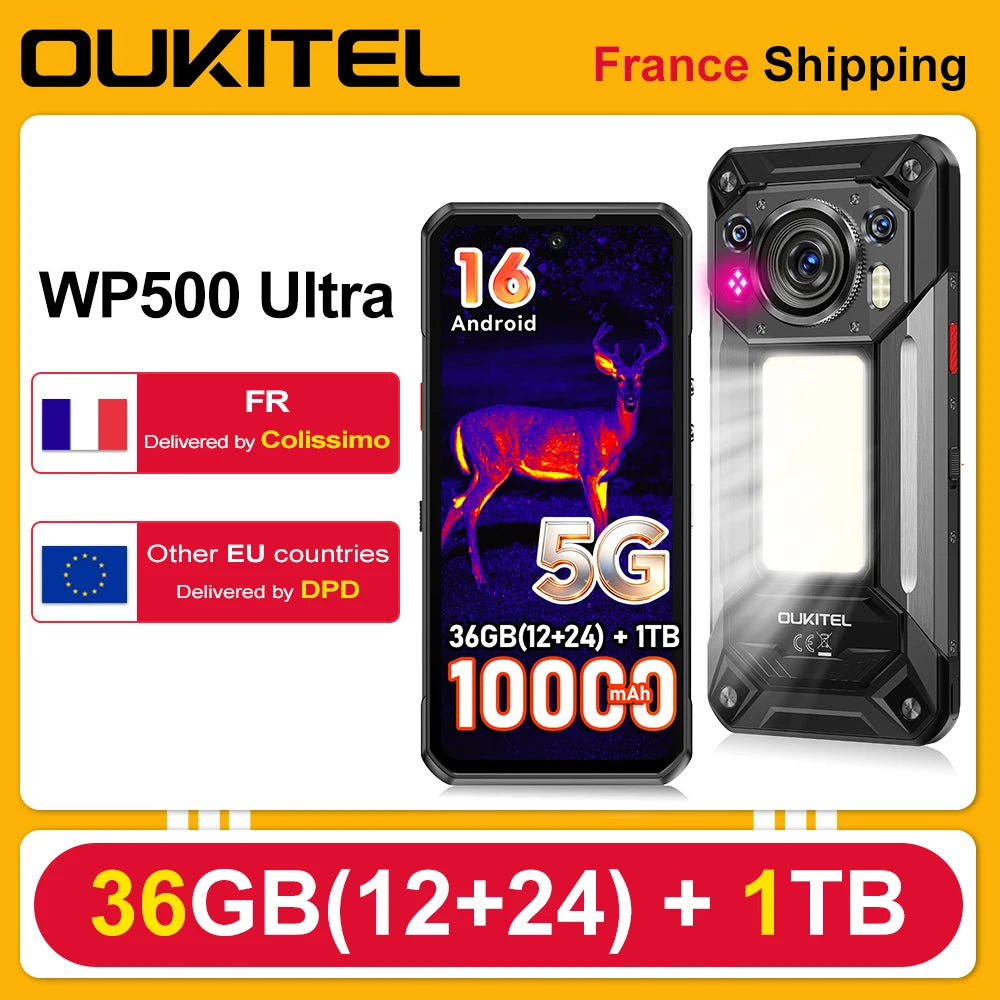 OUKITEL WP500 Ultra Android 16, el primer teléfono resistente del mundo con tecnología de imagen térmica e IA, con interruptor de privacidad, pantalla FHD+ de 6.78'', MTK Dimensity 8300, 36GB(12+24) de RAM+1TB, 10000mAh, 4