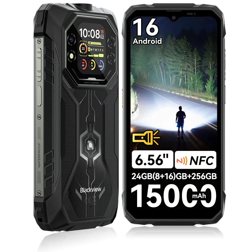 Smartphone resistente Blackview ROCK 1, Android 16, 24GB (8+16GB de expansión) de RAM 256GB ROM, pantalla IPS HD+ de 6.56", batería grande de 15000mAh, cámara subacuática, IP68 IP69K, Helio G81, Wi-Fi 5 BT 5.0, NFC