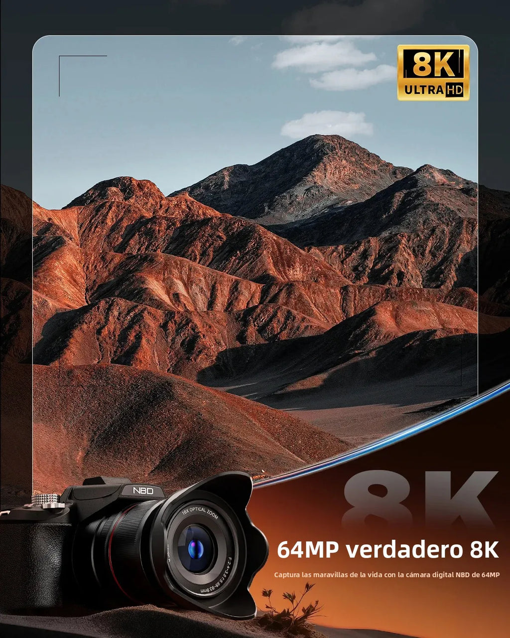 Cámara compacta para vlogs NBD 8K, cámara fotográfica de 64MP con zoom óptico de 16X, pantalla LCD giratoria de 2.8 pulgadas, zapata para accesorios.