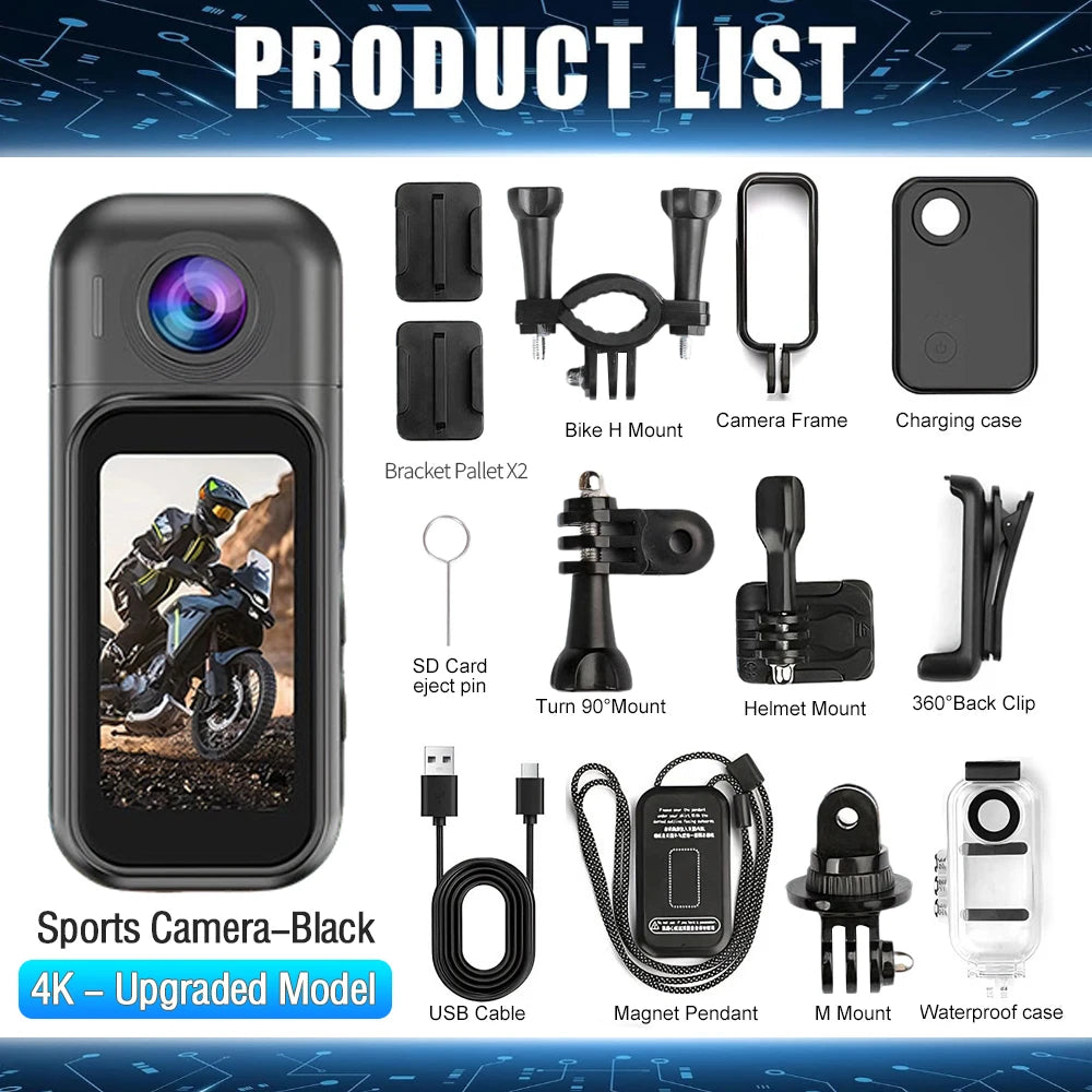 Mini Cámara Deportiva 4K, Cámara HD 1080P/30FPS, Control Remoto WiFi, Resistente al Agua, Cámara para Casco Vlog DV con Estuche de Carga