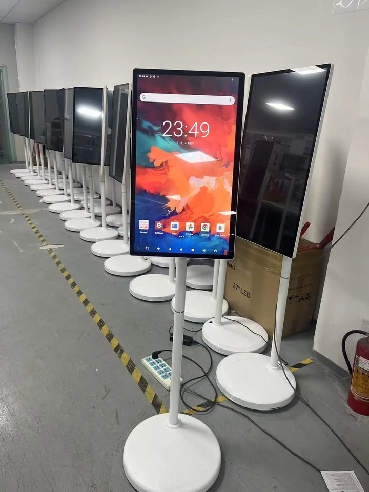 Televisor inteligente portátil con pantalla táctil, soporte giratorio y base móvil, ideal para el hogar, la oficina, la cocina o para usar en exteriores, con función de videollamada. Disponible en inventario en la Unión