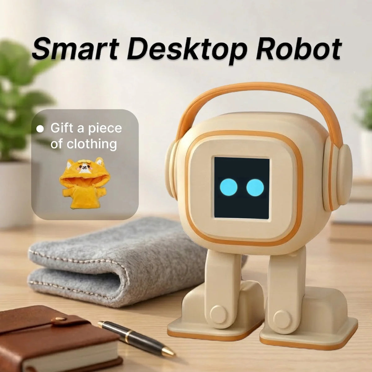 Robot de escritorio beige con auriculares y pantalla azul, junto a cuaderno y bolígrafo.