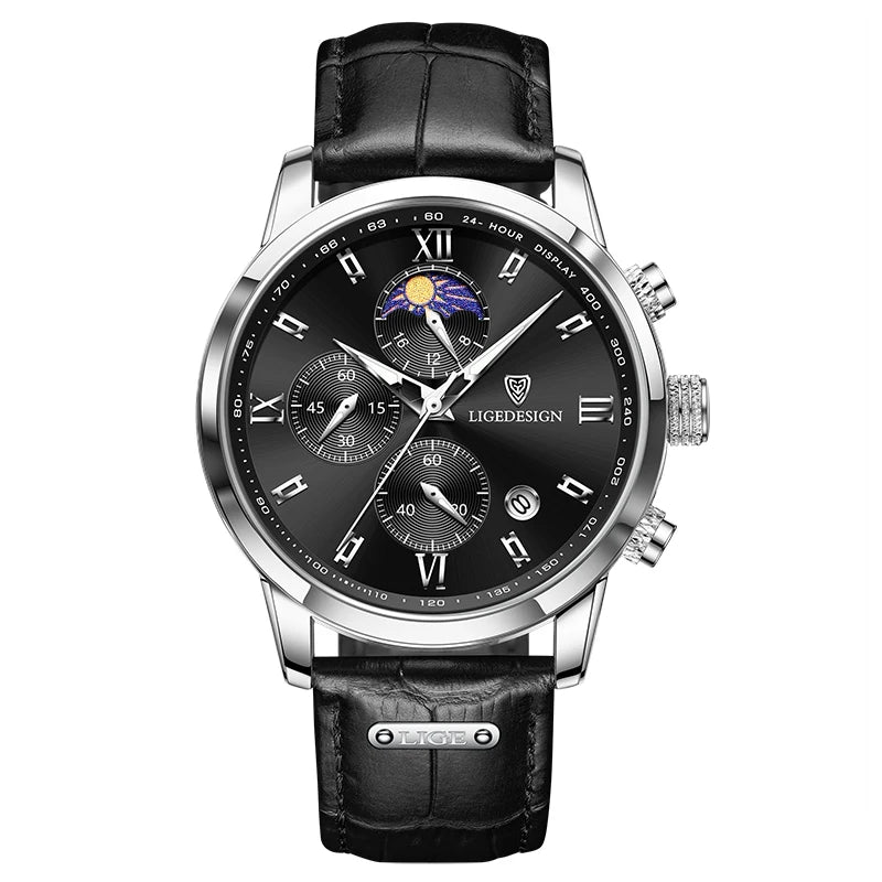 LIGE Men Watch Luxury Leather Waterproof Sport Quartz Wristwatch Chronograph Military Watch for Men Relogio Masculino Men‘s Gif