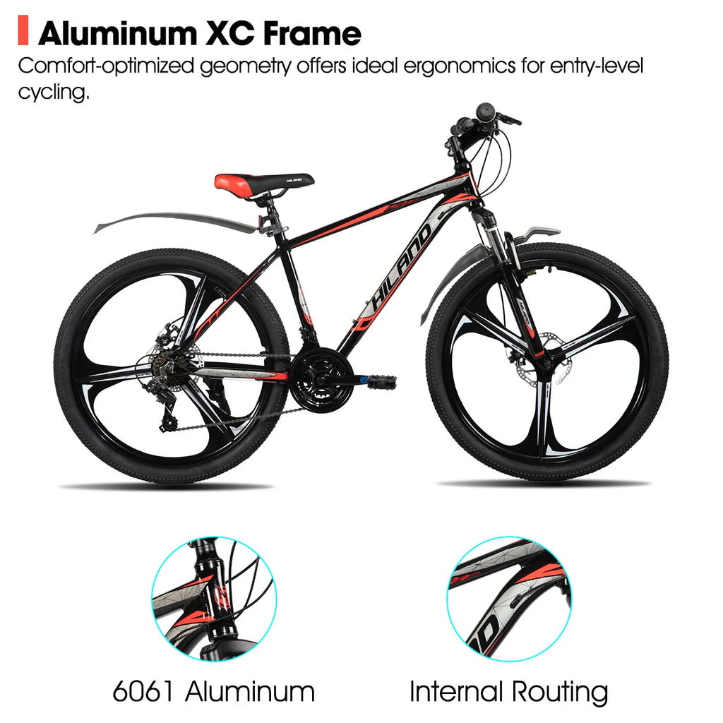 Bicicleta de montaña HILAND, 3 radios, transmisión de 18 velocidades, cuadro de aluminio, ruedas de 26 pulgadas, bicicleta con frenos de disco para hombres y mujeres, MTB para hombre