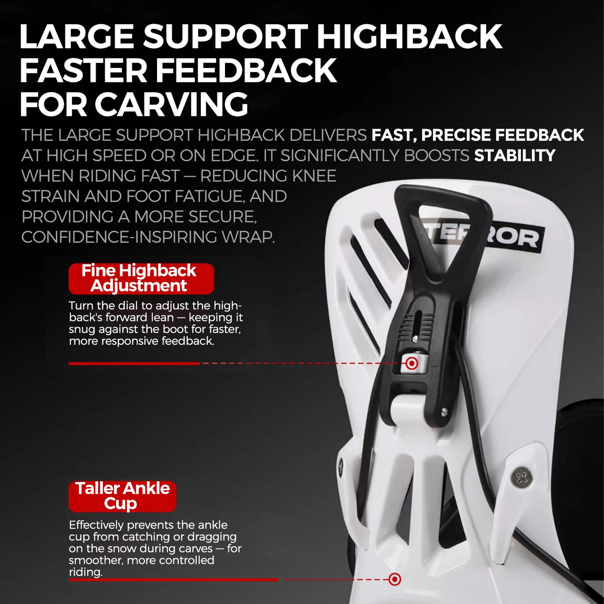 Fijaciones para Snowboard TERROR FR-540 Step-In con Placa Trasera de Absorción de Impactos EVA para Riders Intermedios y Avanzados