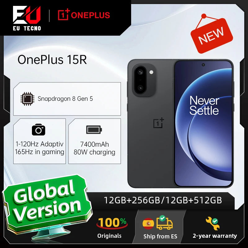 Smartphone OnePlus 15R Versión Global 5G, 12GB+256GB, 12GB+512GB, Snapdragon 8 Gen 5, 7400mAh, Pantalla de 165Hz, IP69, Negro