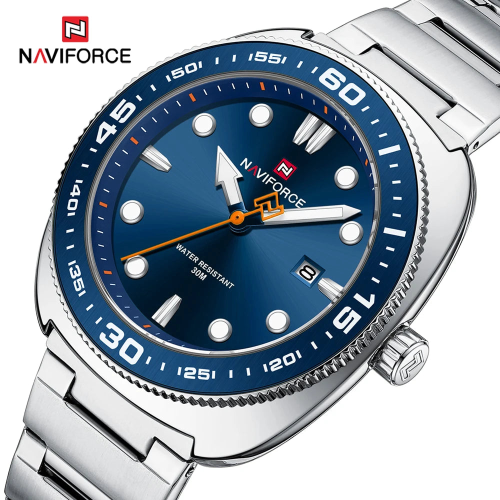 Reloj para hombre NAVIFORCE de lujo, estilo ejecutivo, con fechador, manecillas luminosas, correa de acero inoxidable, movimiento de cuarzo, reloj de marca a la moda