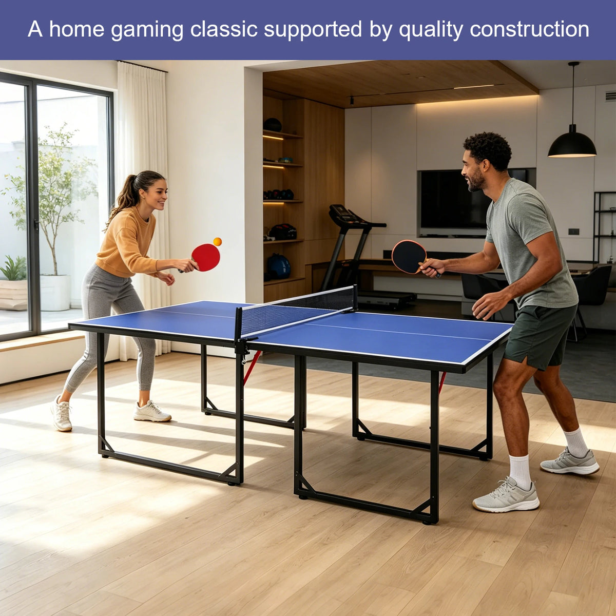 Mesa de Ping Pong Plegable de Tamaño Mediano, Portátil para Interiores y Exteriores, con Marco de Aluminio, Superficie de Juego de MDF, Patas con Bloqueo, Asas de Transporte, Red, 2 Palas, 3 Pelotas