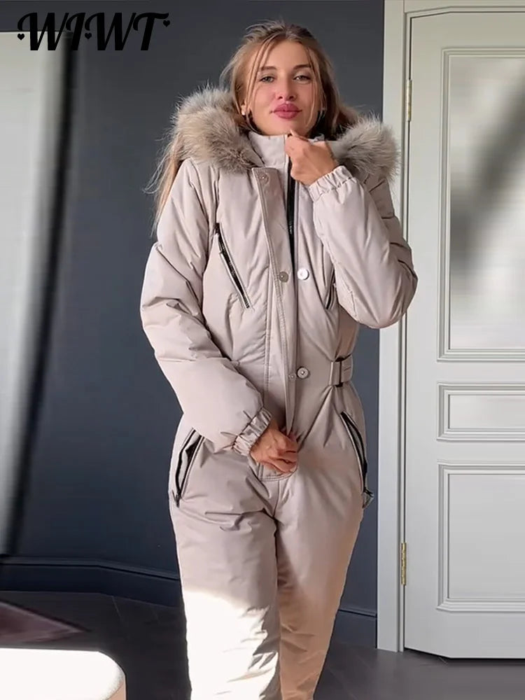 Traje de esquí con capucha y detalles de piel, cálido, para mujer, resistente al viento, con cuello alto, cremallera y cinturón, mono de snowboard, nueva colección 2026, ropa de esquí para mujer.