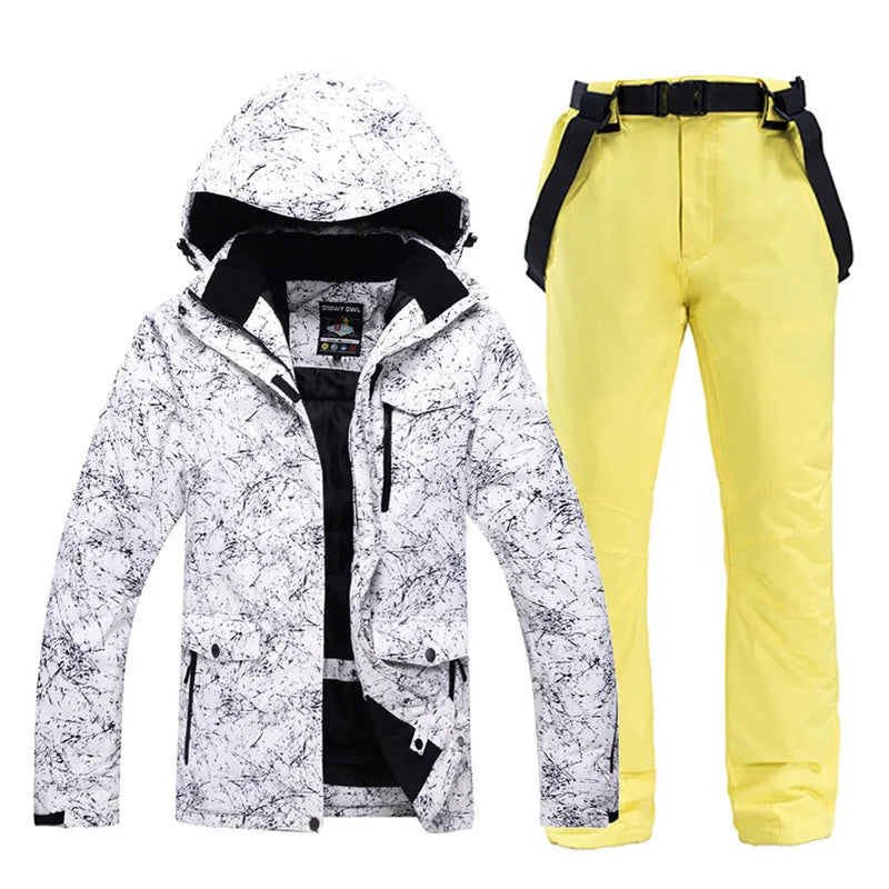 -30 Conjuntos de trajes de nieve blancos para hombres o mujeres Ropa de invierno al aire libre Ropa de snowboard Disfraces impermeables Chaqueta de esquí + Baberos de pantalón de nieve