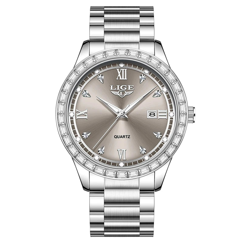 Reloj de cuarzo original LIGE para mujer, esfera con diamantes, acero inoxidable, resistente al agua, luminoso, elegante reloj de pulsera para mujer Reloj Mujer