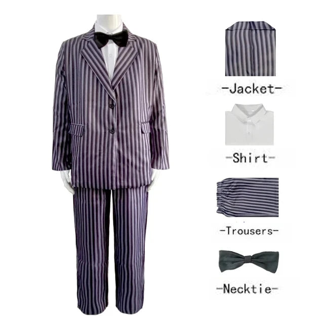 Disfraz de Morticia Addams para Cosplay, Vestido de Halloween, Traje de Carnaval para Adultos, Abrigo, Camisa, Pantalón, Corbata, Uniforme de Fiesta