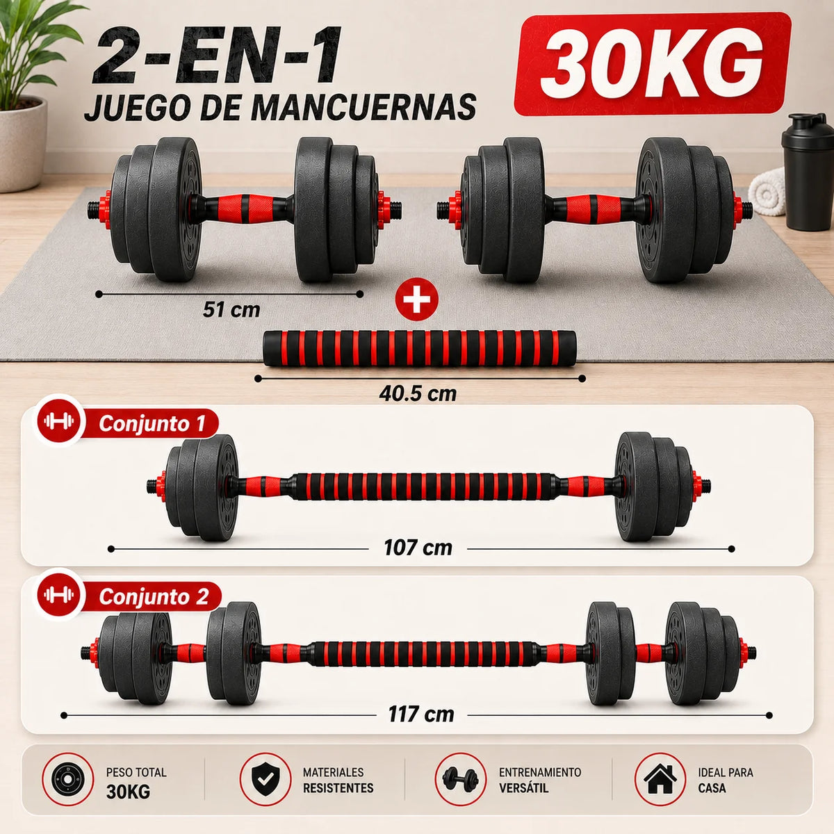 Mancuernas y Kit de Pesas 10kg 15kg 20kg 30kg 40kg, Juego de Pesas 2 en 1 con Barra Recta y Discos Recubiertos, Mancuernas para Fitness en Casa, Musculación, Entrenamiento de Fuerza, Ejercicios de Gimnasio y Deportivo
