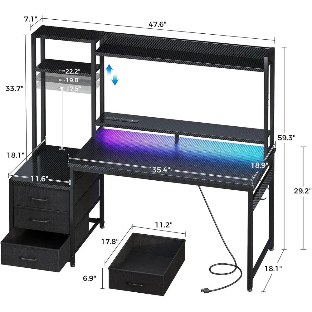 Mesa para PC con estante superior y cajonera; vista con medidas y plataforma inferior