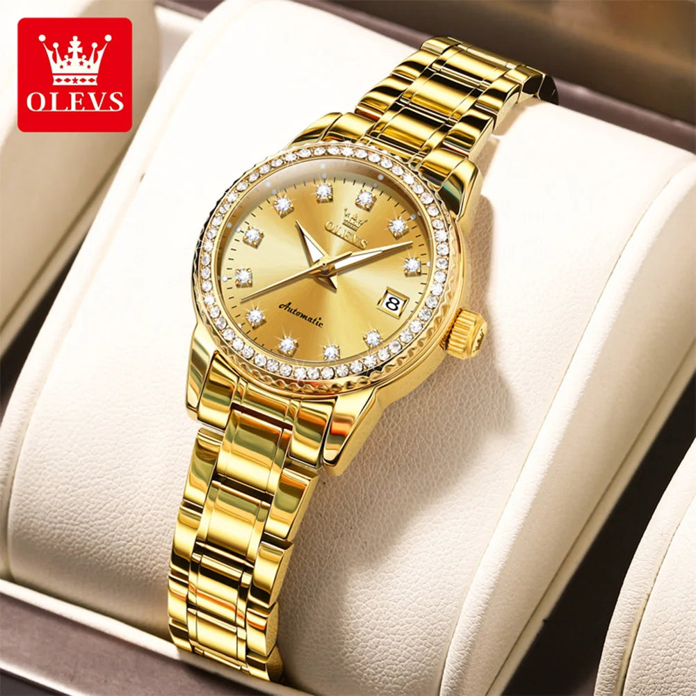 Reloj mecánico para mujer OLEVS 7003, elegante reloj de pulsera con esfera de diamantes de lujo, calendario, resistente al agua y luminoso