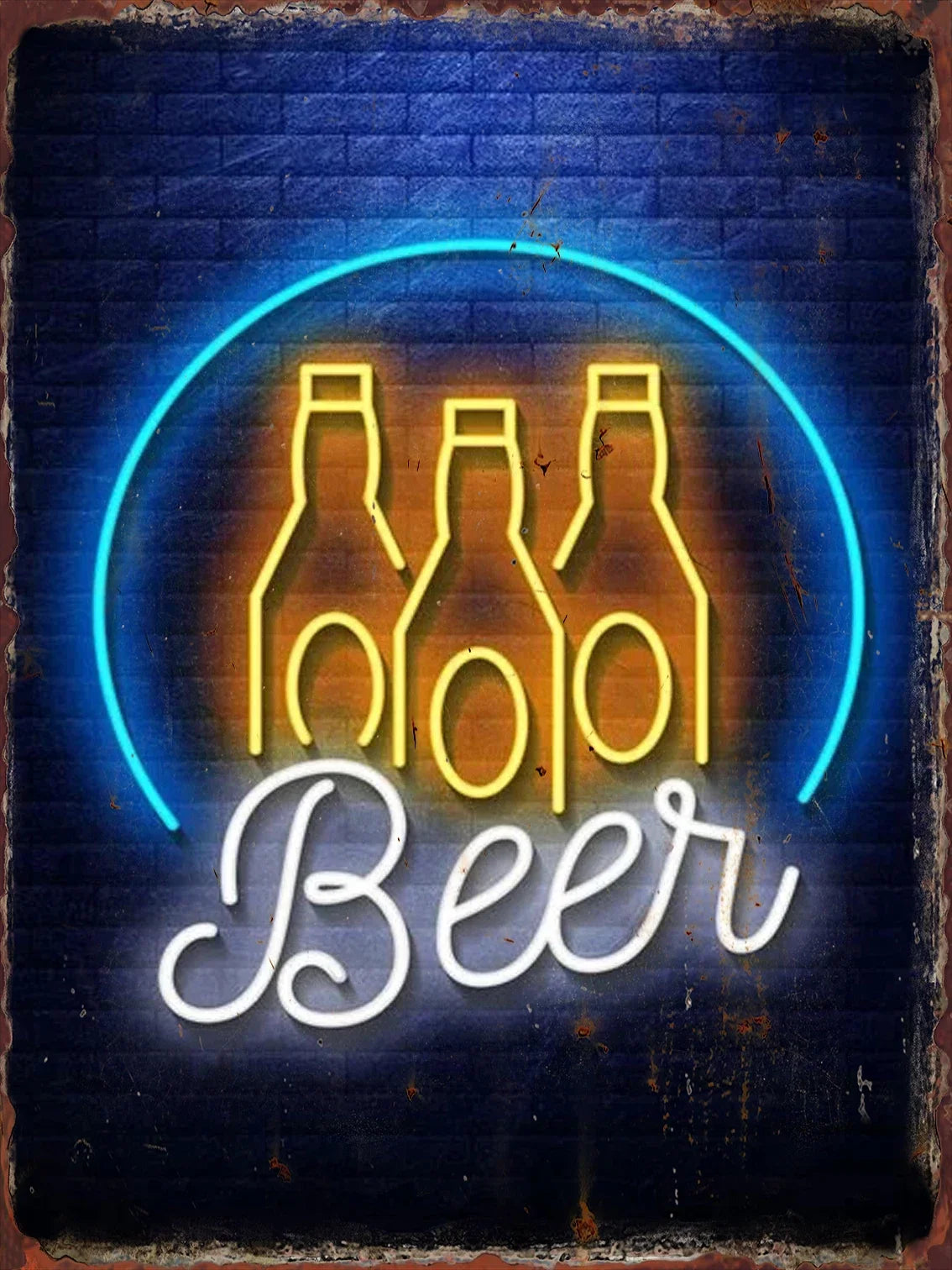Cartel de hojalata con letrero neón de cerveza “Beer” y círculo azul