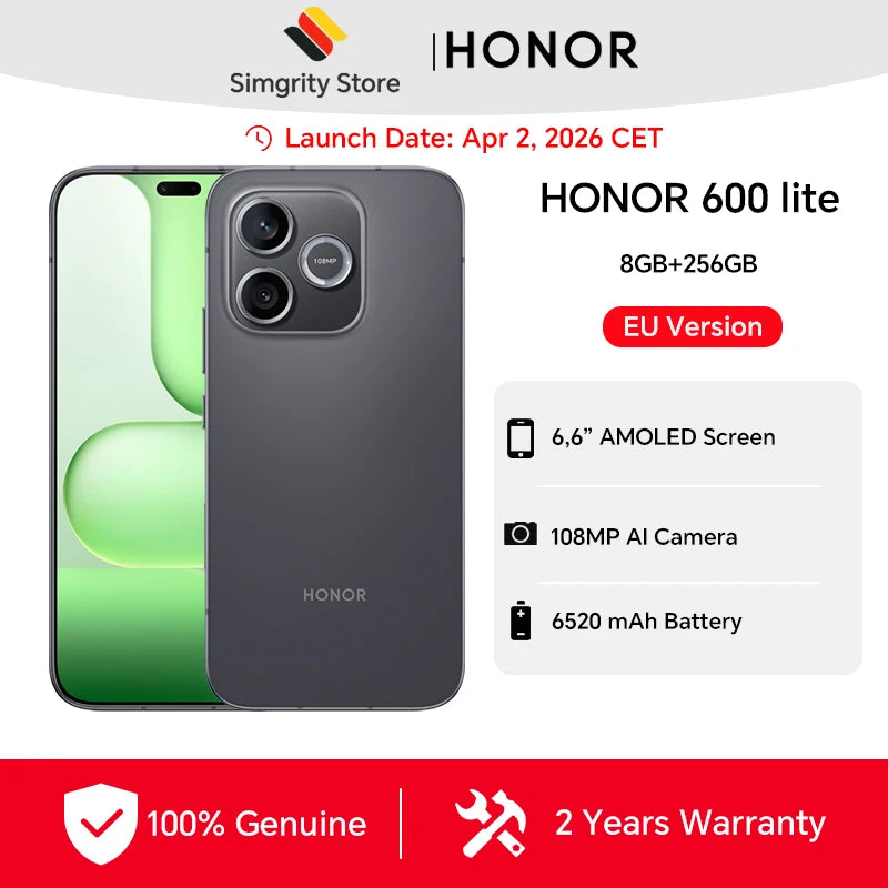 HONOR 600 Lite, versión UE, nuevo smartphone 5G 2026, batería de 6520 mAh, cámara con IA de 108 MP, procesador octa-core, pantalla AMOLED de 6,6 pulgadas y 120 Hz