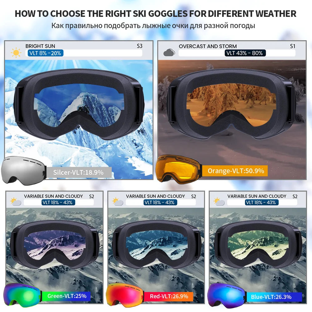 Gafas de esquí para deportes al aire libre, protección UV400, máscara de esquí para hombre y mujer, antiniebla, cara grande, gafas de nieve, gafas de esquí para Snowboard