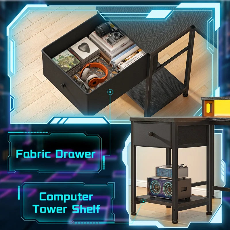 Cajón tapizado del escritorio y compartimento para torre de PC, con estructura negra