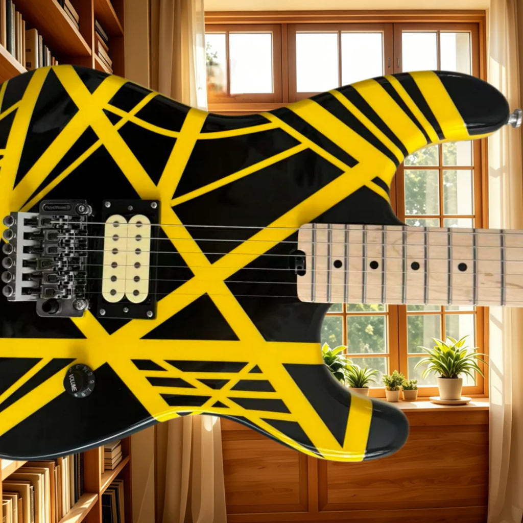Guitarra de rock para principiantes, lista para enviar, puente ajustable, amarilla y negra, mástil de arce, pastilla H, instrumento de cuerda de nivel básico para aficionados a la música.
