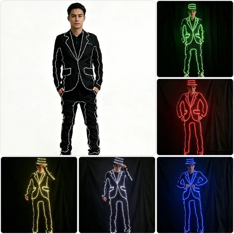 Traje Luminoso LED a Todo Color para Hombre, Traje de Actuación para Baile en Escenario, Disfraz de Discoteca con Control DIY para Cambiar de Color