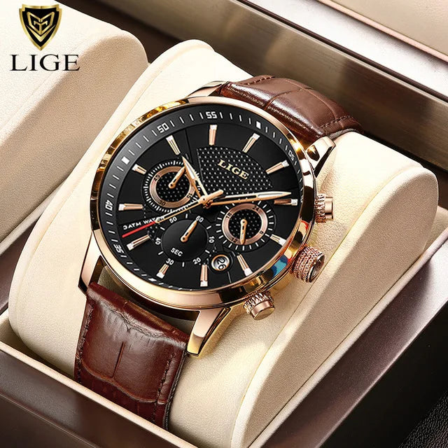 Nuevo reloj para hombre LIGE, diseño de negocios a la moda con correa de cuero genuino marrón, reloj de cuarzo deportivo impermeable con calendario para hombre