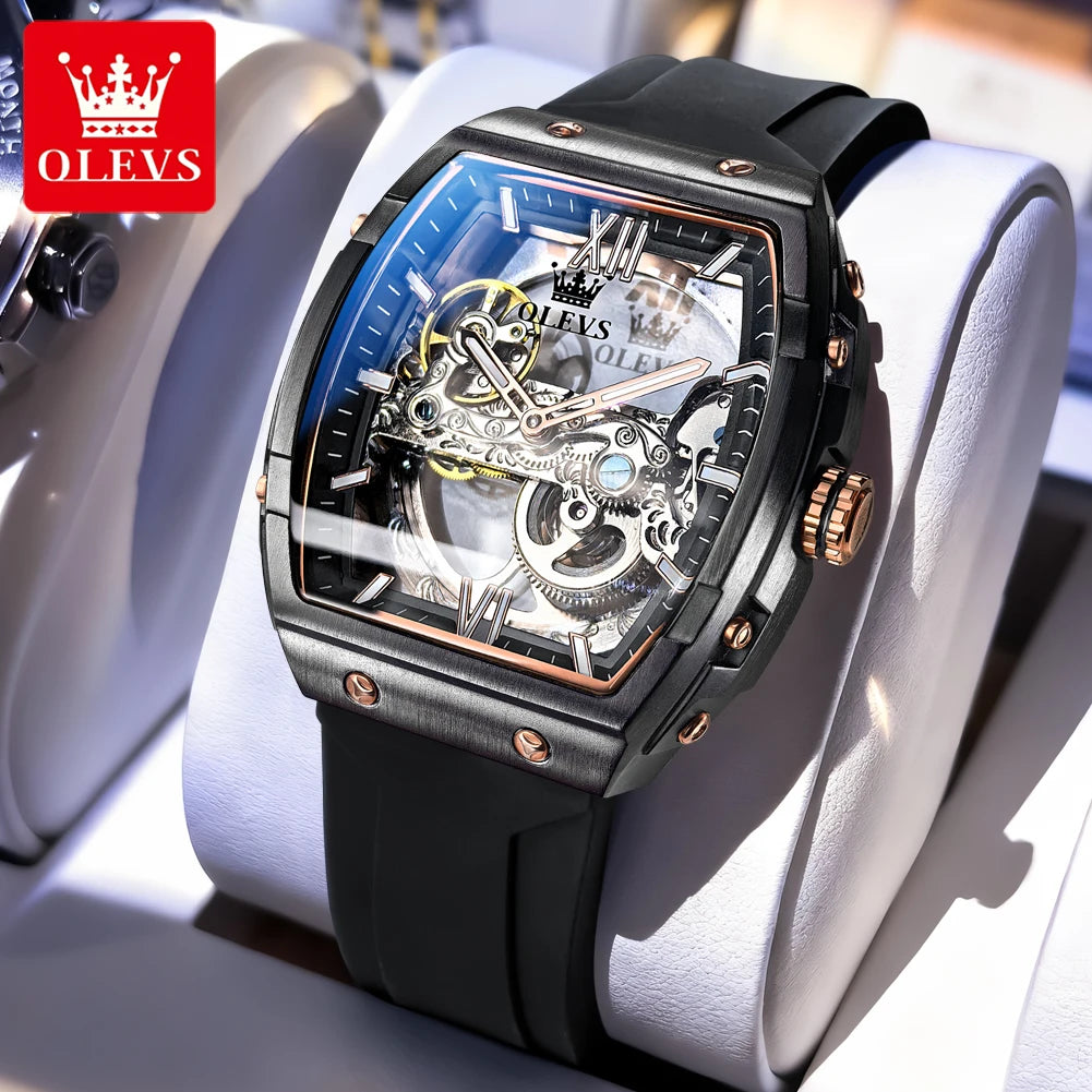 Reloj automático para hombre OLEVS 6779, esfera grande de 50 mm, diseño esqueleto, resistente al agua, correa de silicona, reloj mecánico para hombre
