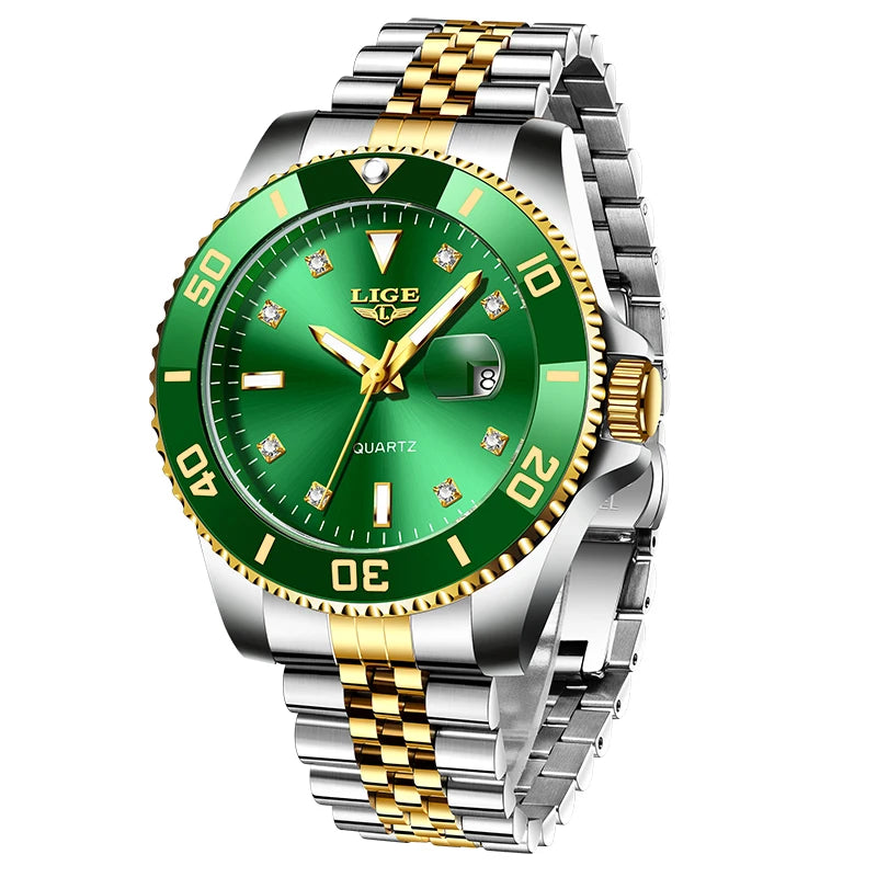 LIGE Men Quartz Watch Green Waterproof Watch for Men Stainless Steel Quartz Men Luxury Watch Luminous Wristwatch Reloj Hombre