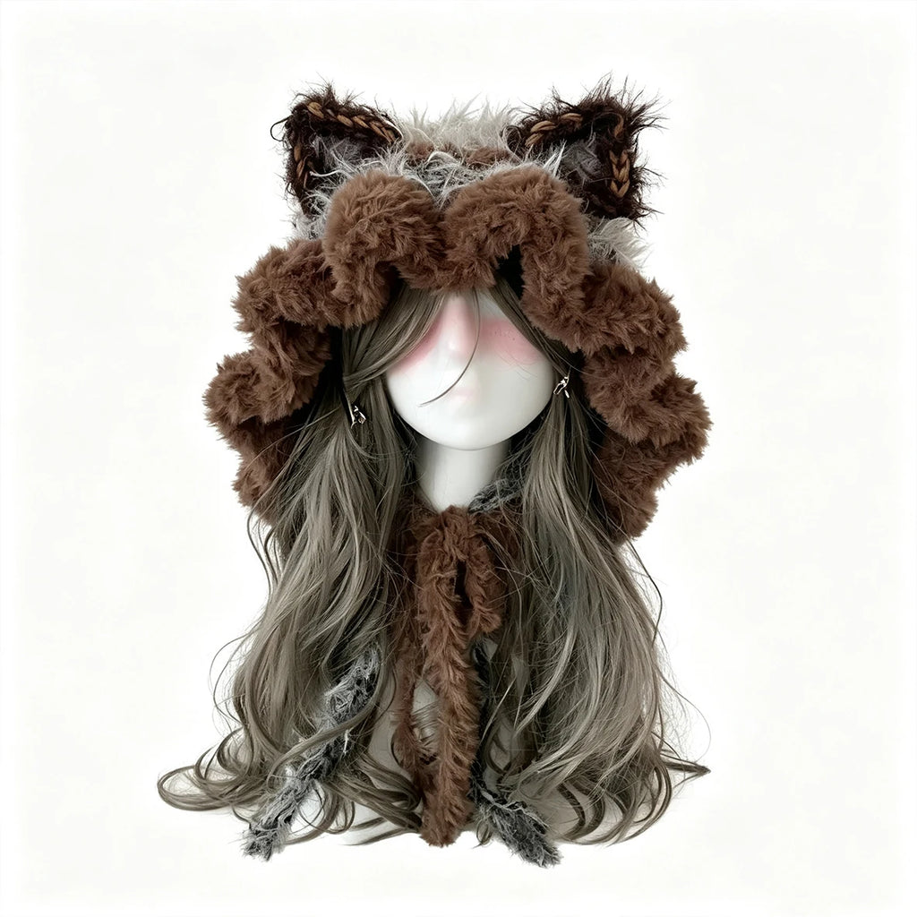 Gorro de ganchillo hecho a mano, personalizado, marrón y gris, con orejas de gato, suave y esponjoso, de punto, para mujer y hombre, cálido para invierno, informal, para cosplay, estilo Goblincore, regalo.